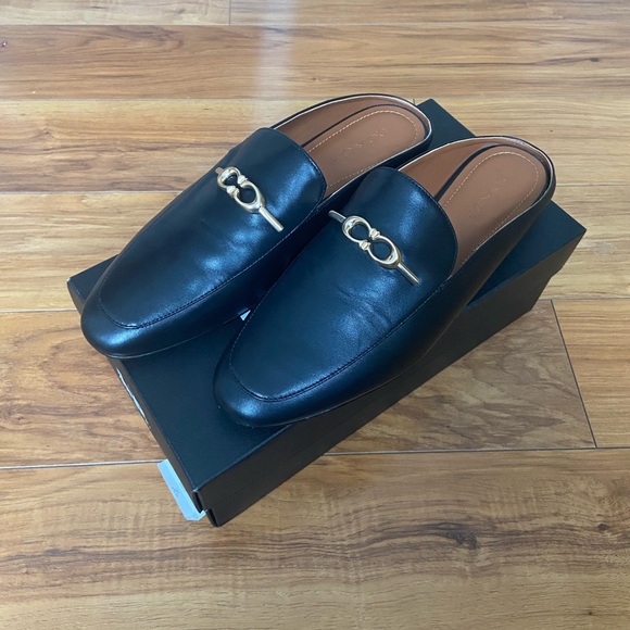 Coach Black Leather Loafer Mules with Gold Accent - Picture 2 of 5
